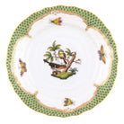 Hand-painted Herend Rothschild Bird Green Border Bread and Butter Plate in fine porcelain, 6in D,, Motif 2, on a white background
