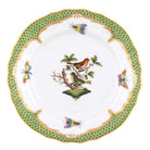 Hand-painted Herend Rothschild Bird Green Border Bread and Butter Plate in fine porcelain, 6in D,, Motif 3, on a white background