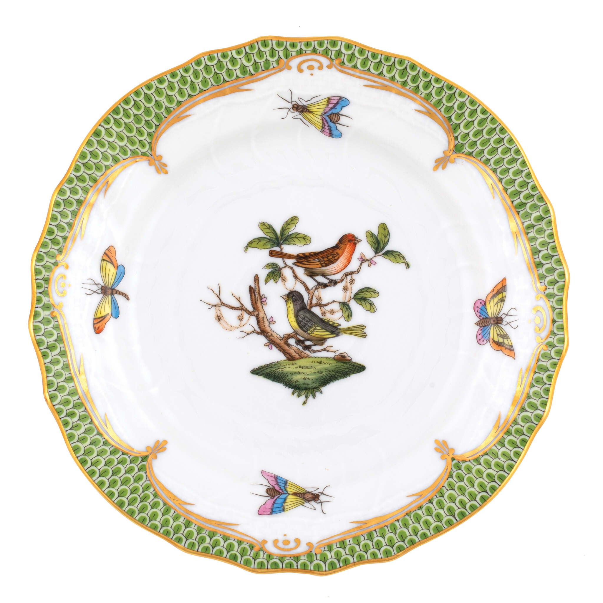 Hand-painted Herend Rothschild Bird Green Border Bread and Butter Plate in fine porcelain, 6in D,, Motif 3, on a white background