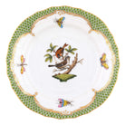 Hand-painted Herend Rothschild Bird Green Border Bread and Butter Plate in fine porcelain, 6in D,, Motif 4, on a white background