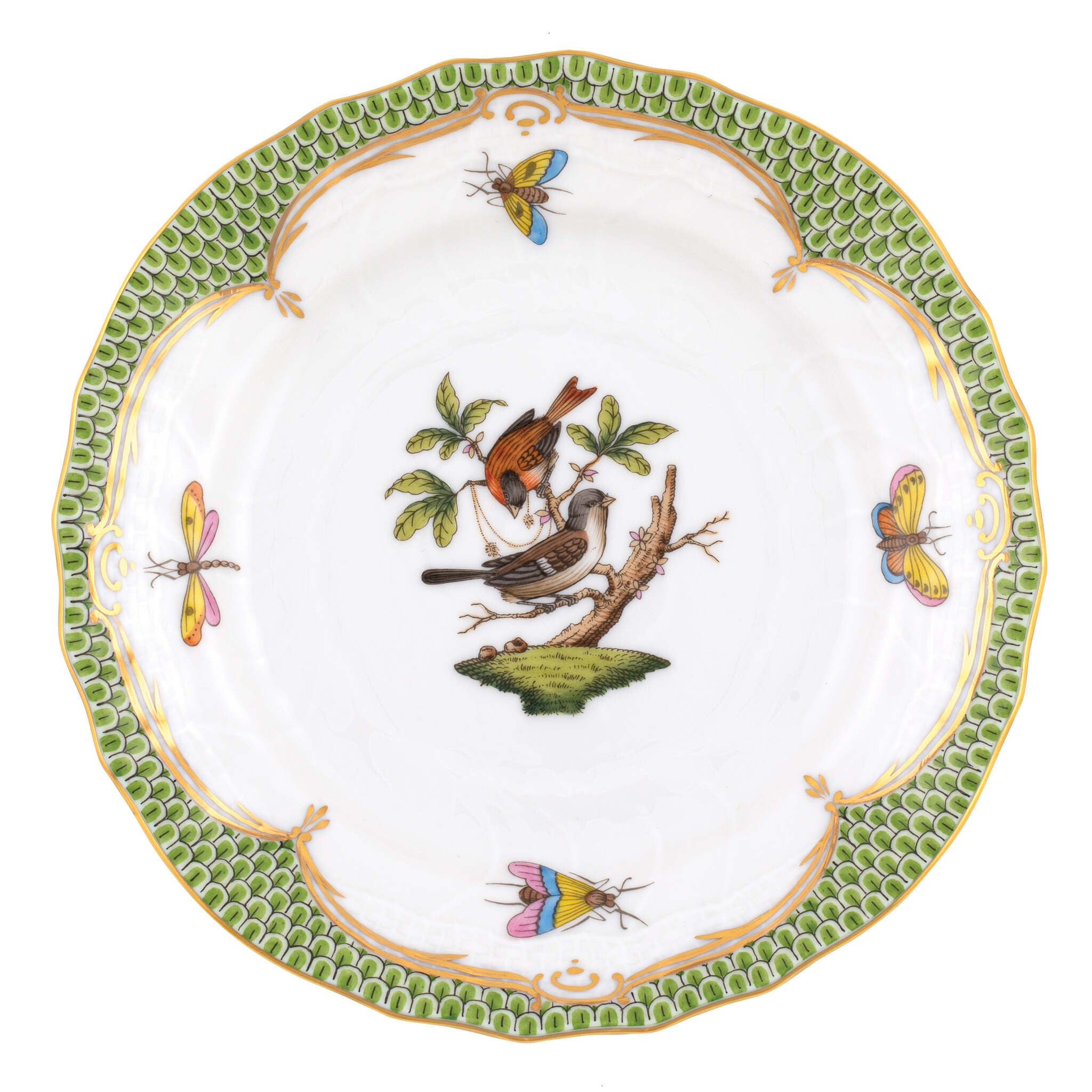 Hand-painted Herend Rothschild Bird Green Border Bread and Butter Plate in fine porcelain, 6in D,, Motif 4, on a white background