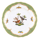 Hand-painted Herend Rothschild Bird Green Border Bread and Butter Plate in fine porcelain, 6in D,, Motif 5, on a white background