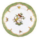 Hand-painted Herend Rothschild Bird Green Border Bread and Butter Plate in fine porcelain, 6in D,, Motif 6, on a white background