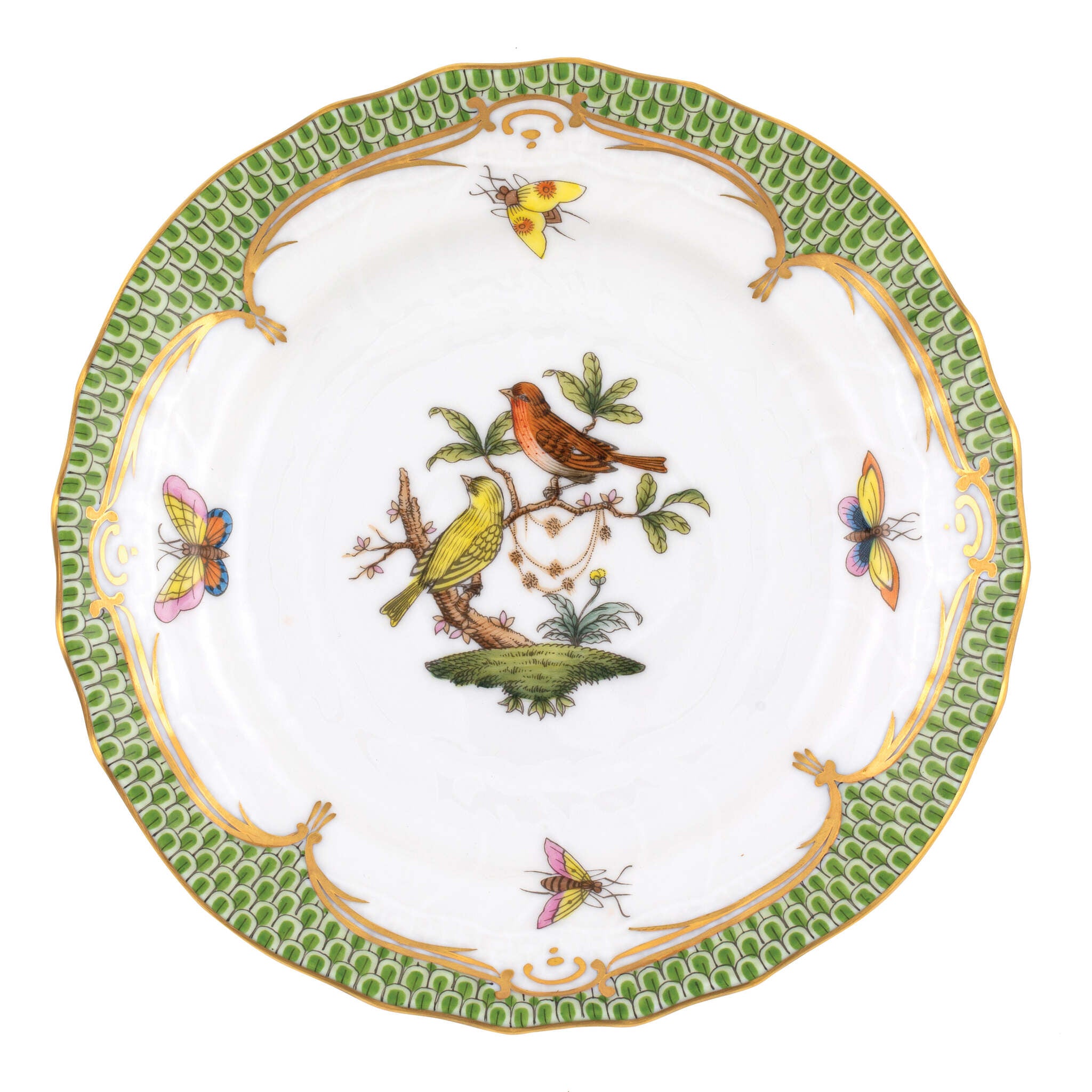 Hand-painted Herend Rothschild Bird Green Border Bread and Butter Plate in fine porcelain, 6in D,, Motif 6, on a white background