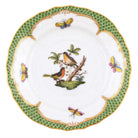 Hand-painted Herend Rothschild Bird Green Border Bread and Butter Plate in fine porcelain, 6in D,, Motif 8, on a white background
