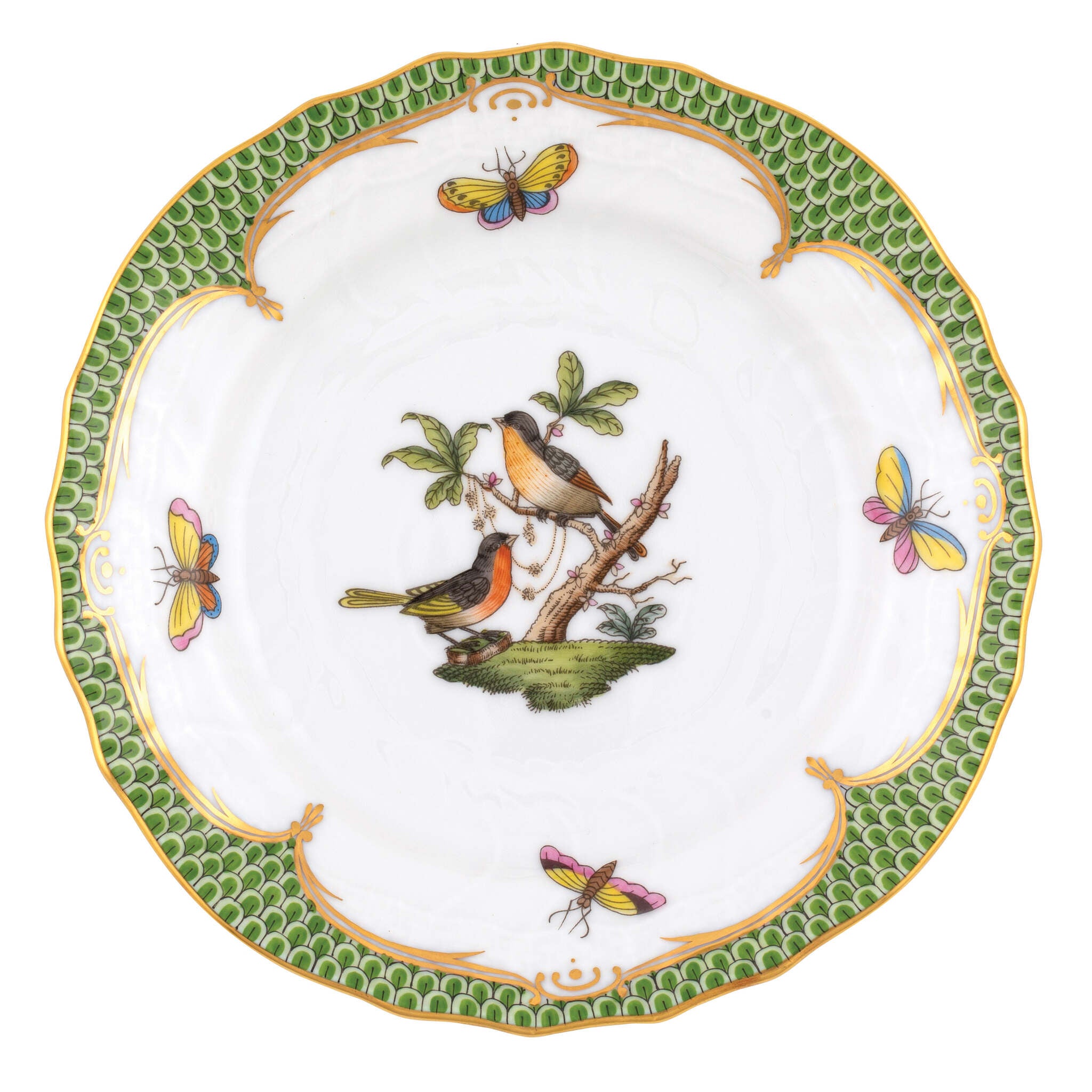Hand-painted Herend Rothschild Bird Green Border Bread and Butter Plate in fine porcelain, 6in D,, Motif 8, on a white background