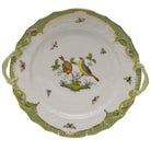Hand-painted Herend Rothschild Bird Green Border Chop Plate with Handles in fine porcelain, 12in D, on a white background