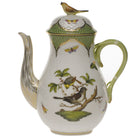 Hand-painted Herend Rothschild Bird Green Border Coffee Pot with Bird Coffeepot in fine porcelain, (36 OZ) 8.5in H, on a white background
