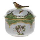 Hand-painted Herend Rothschild Bird Green Border Covered Sugar with Bird Sugar Bowl in fine porcelain, (6 OZ) 4in H, on a white background