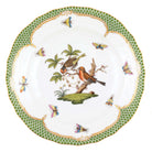 Hand-painted Herend Rothschild Bird Green Border Dessert Plate in fine porcelain, 8.25in D,, Motif 10, on a white background