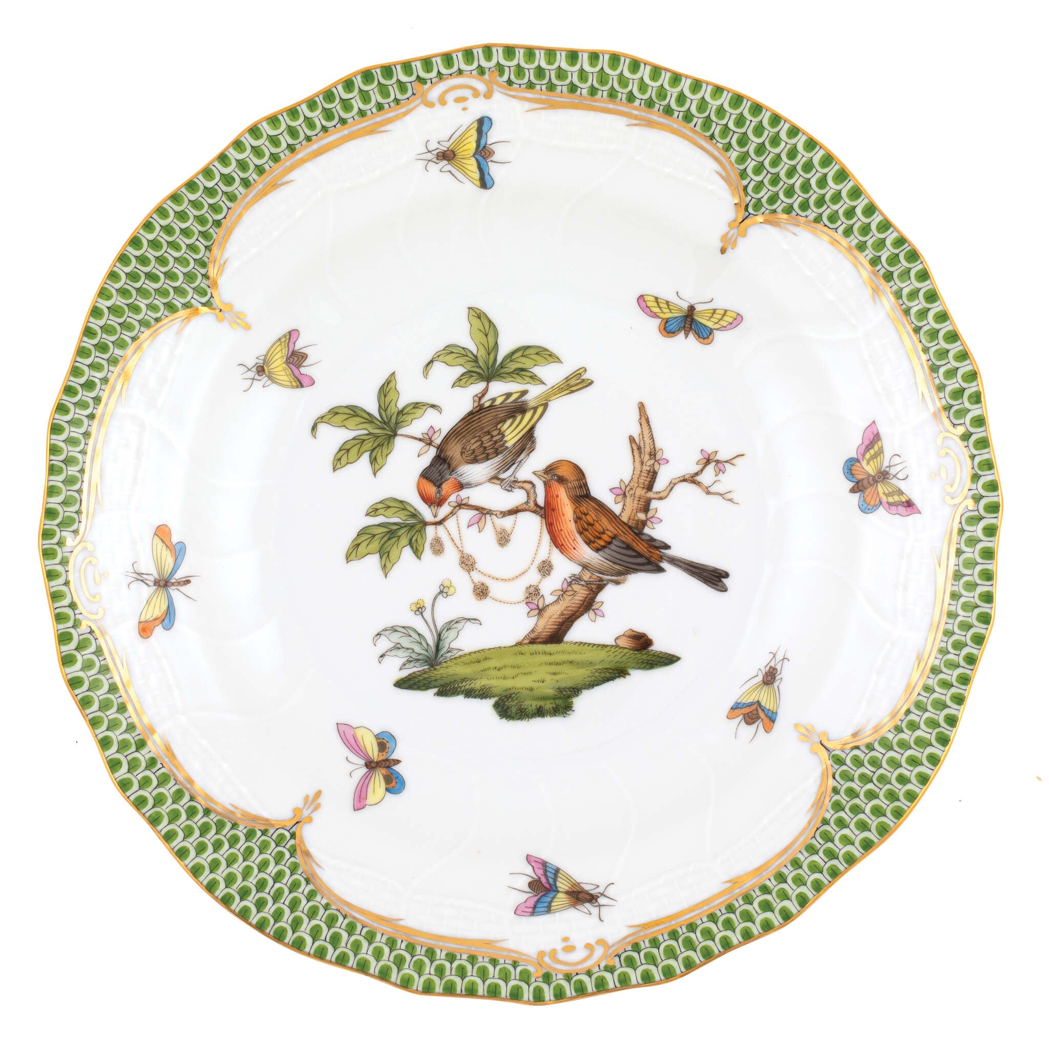 Hand-painted Herend Rothschild Bird Green Border Dessert Plate in fine porcelain, 8.25in D,, Motif 10, on a white background