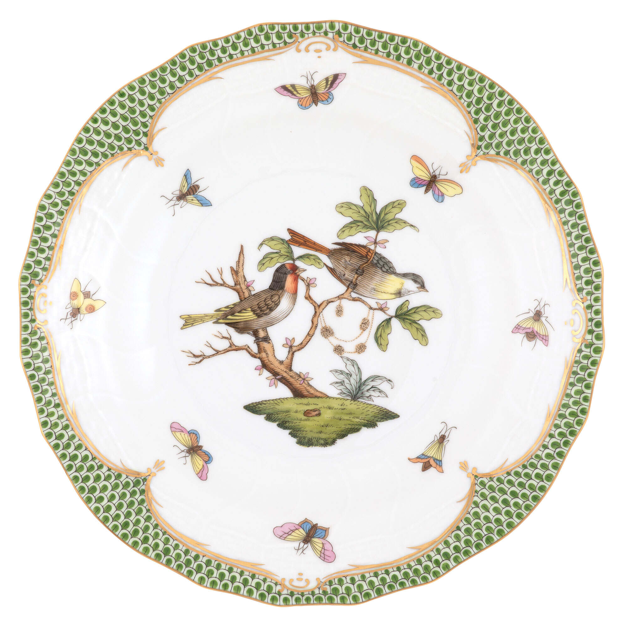 Hand-painted Herend Rothschild Bird Green Border Dessert Plate in fine porcelain, 8.25in D,, Motif 11, on a white background
