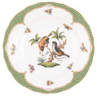 Hand-painted Herend Rothschild Bird Green Border Dessert Plate in fine porcelain, 8.25in D,, Motif 12, on a white background