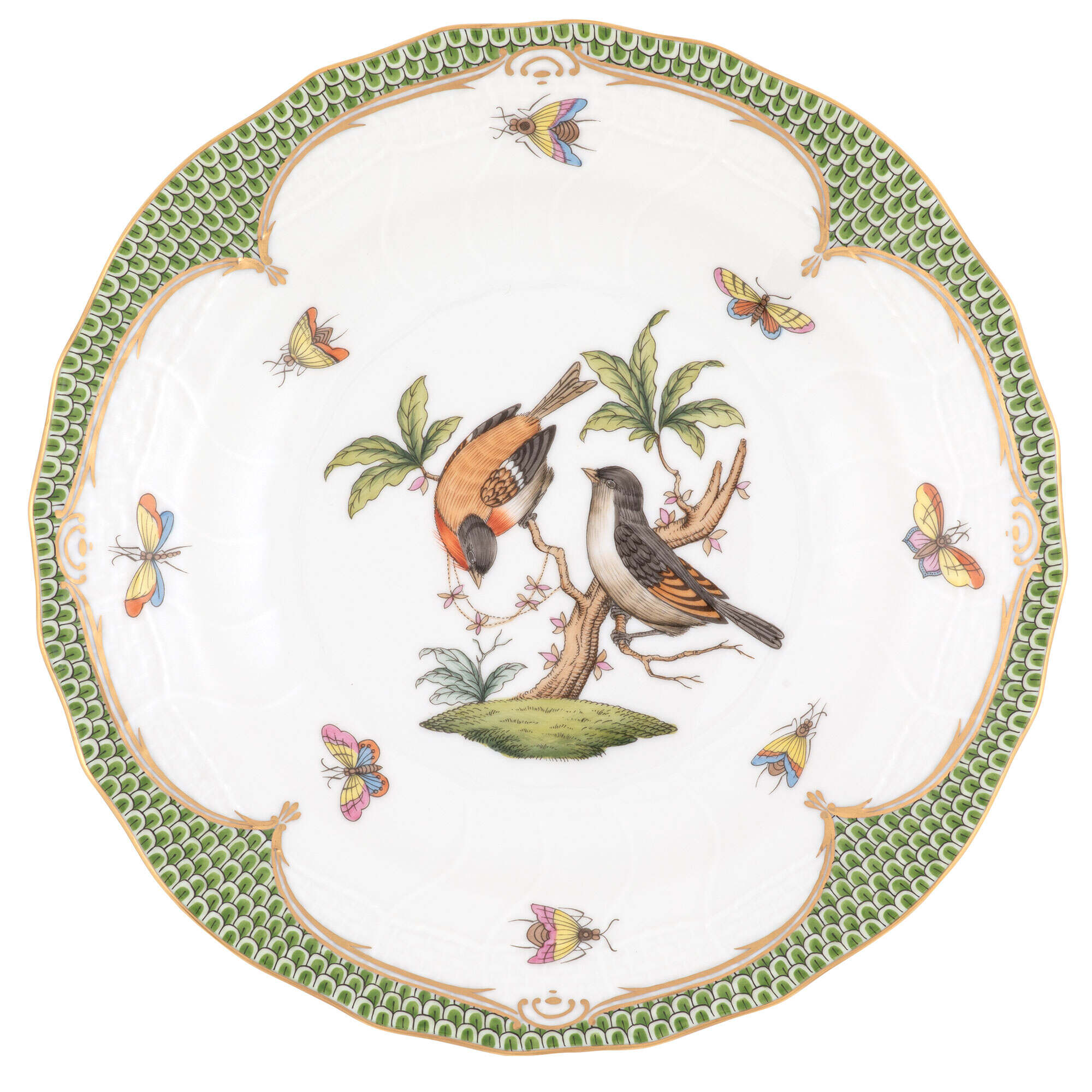 Hand-painted Herend Rothschild Bird Green Border Dessert Plate in fine porcelain, 8.25in D,, Motif 12, on a white background