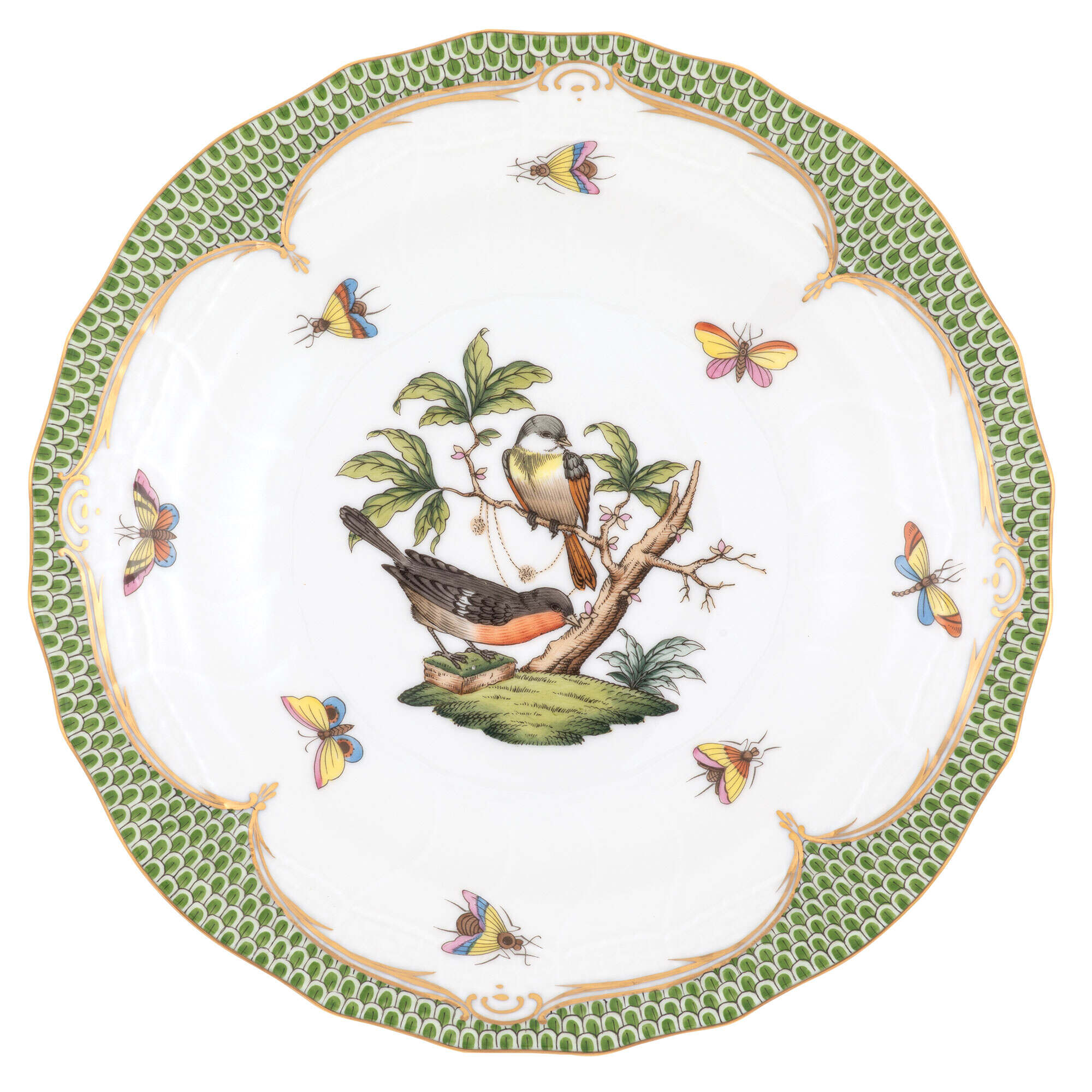 Hand-painted Herend Rothschild Bird Green Border Dessert Plate in fine porcelain, 8.25in D,, Motif 2, on a white background