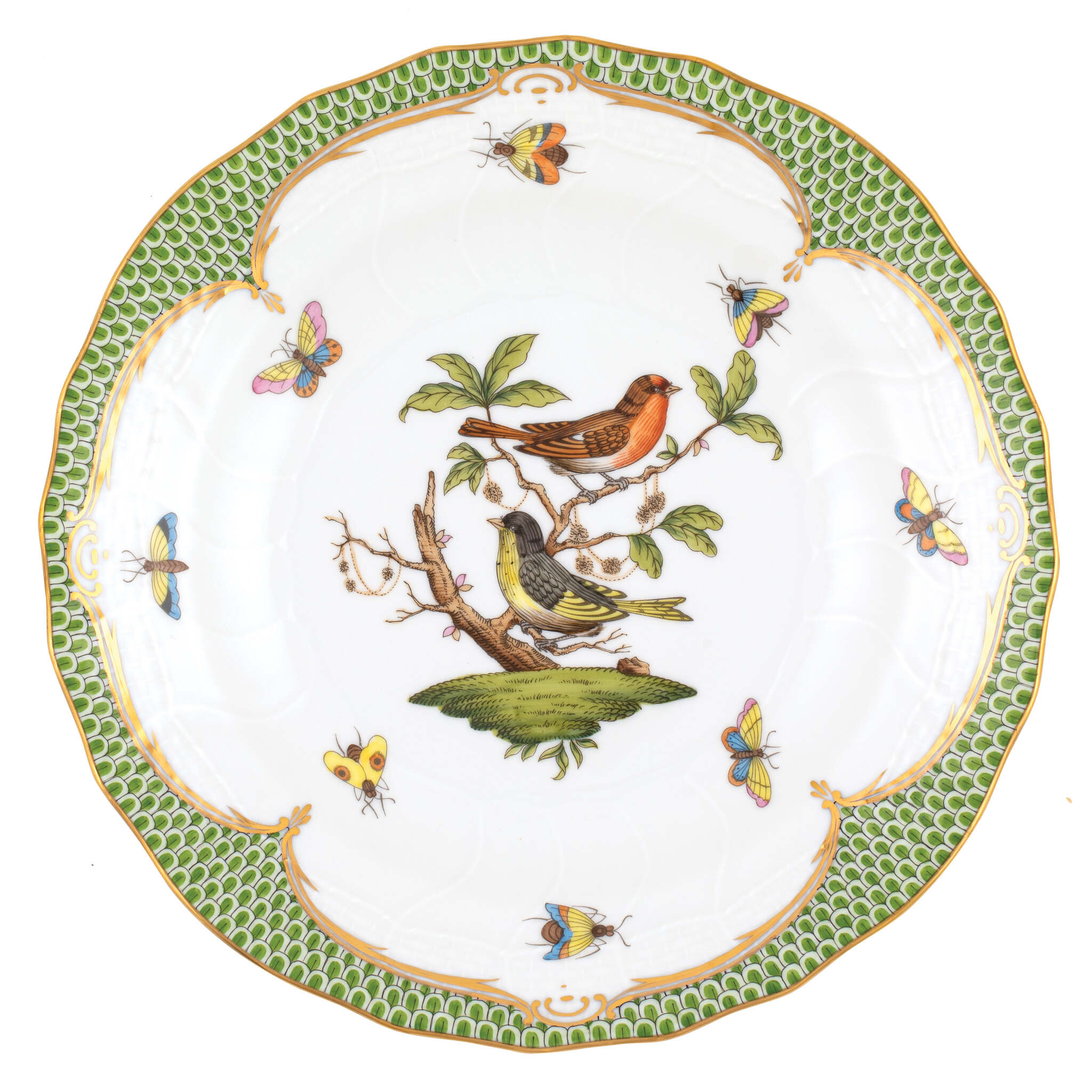 Hand-painted Herend Rothschild Bird Green Border Dessert Plate in fine porcelain, 8.25in D,, Motif 3, on a white background