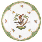 Hand-painted Herend Rothschild Bird Green Border Dessert Plate in fine porcelain, 8.25in D,, Motif 4, on a white background