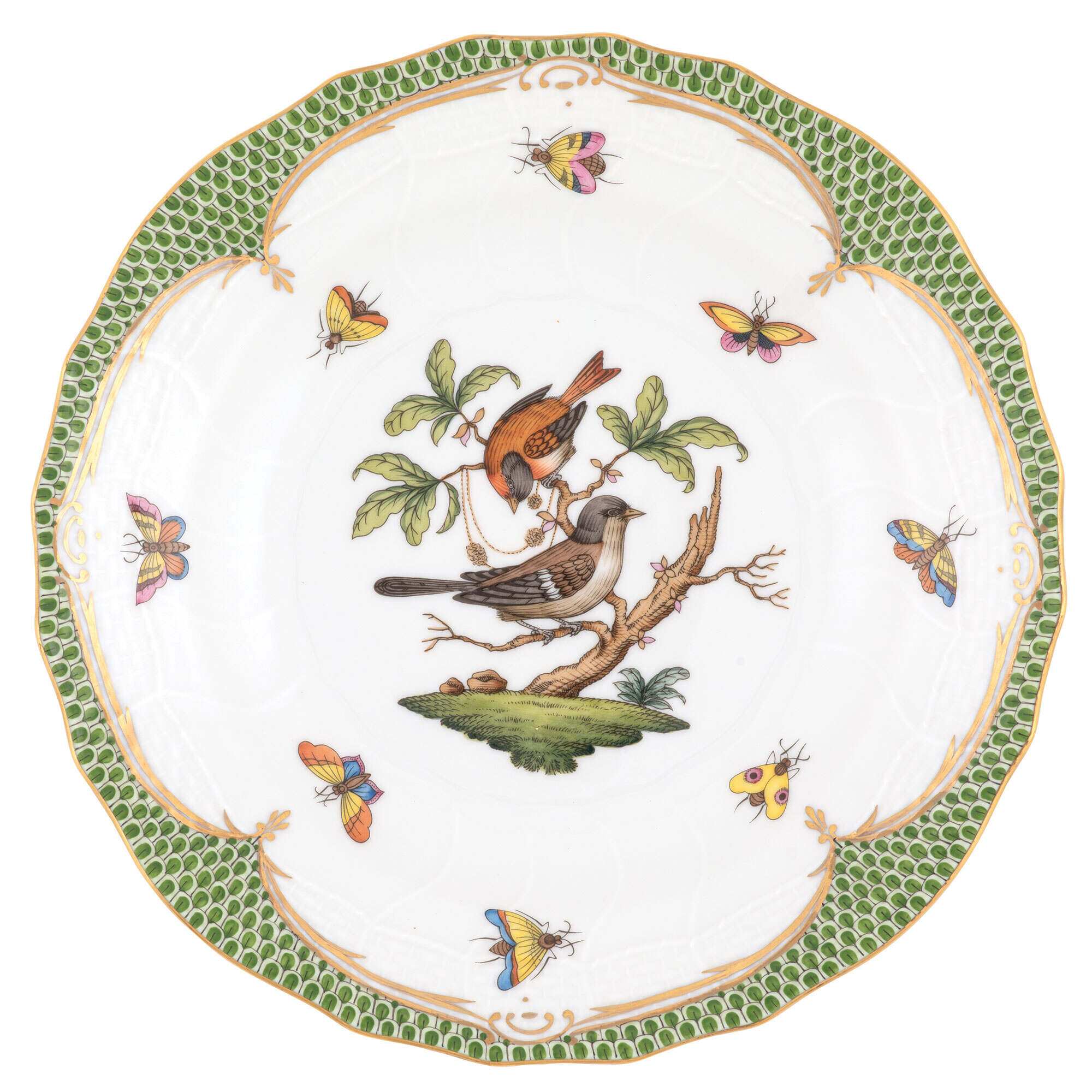 Hand-painted Herend Rothschild Bird Green Border Dessert Plate in fine porcelain, 8.25in D,, Motif 4, on a white background