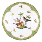 Hand-painted Herend Rothschild Bird Green Border Dessert Plate in fine porcelain, 8.25in D,, Motif 5, on a white background
