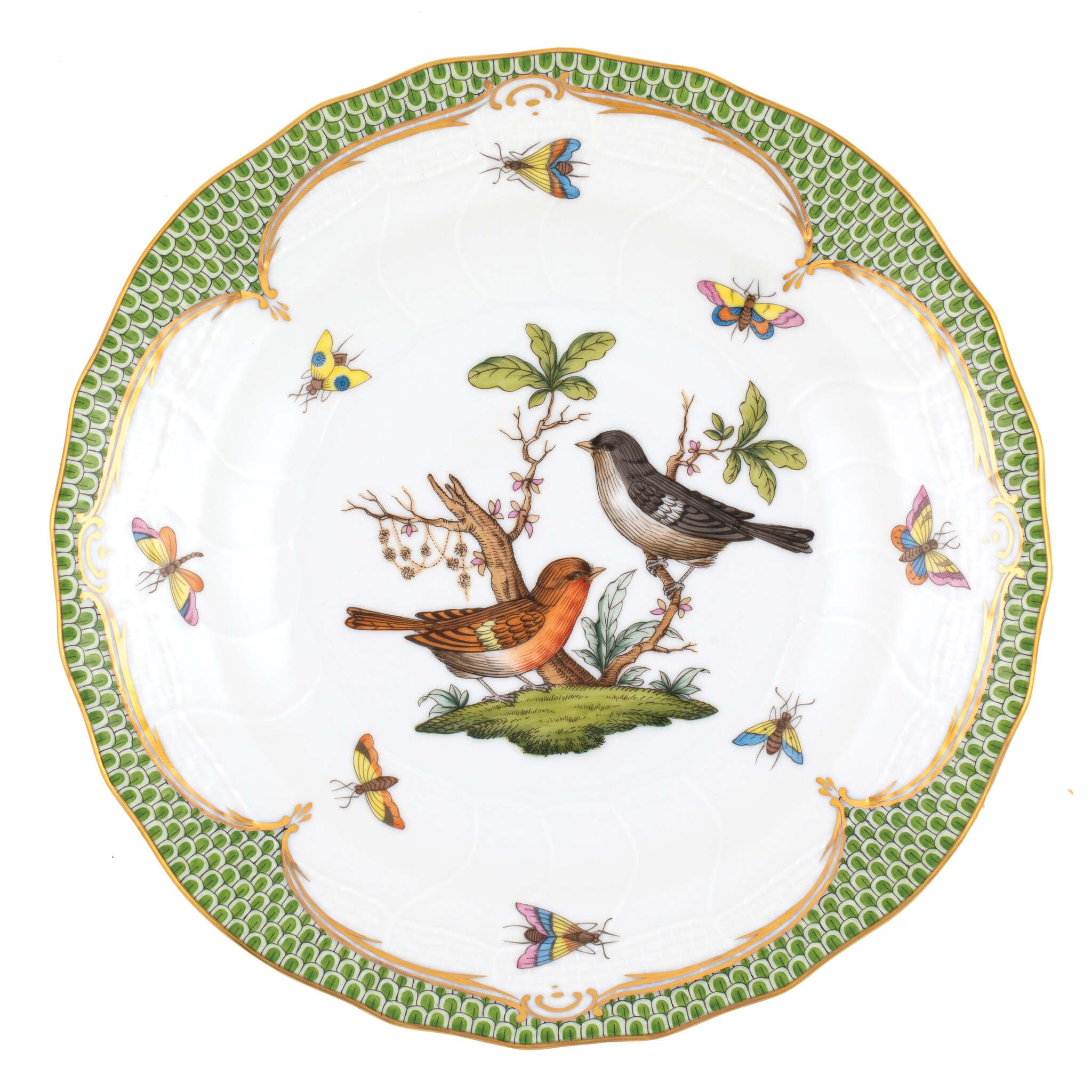 Hand-painted Herend Rothschild Bird Green Border Dessert Plate in fine porcelain, 8.25in D,, Motif 5, on a white background