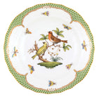 Hand-painted Herend Rothschild Bird Green Border Dessert Plate in fine porcelain, 8.25in D,, Motif 6, on a white background