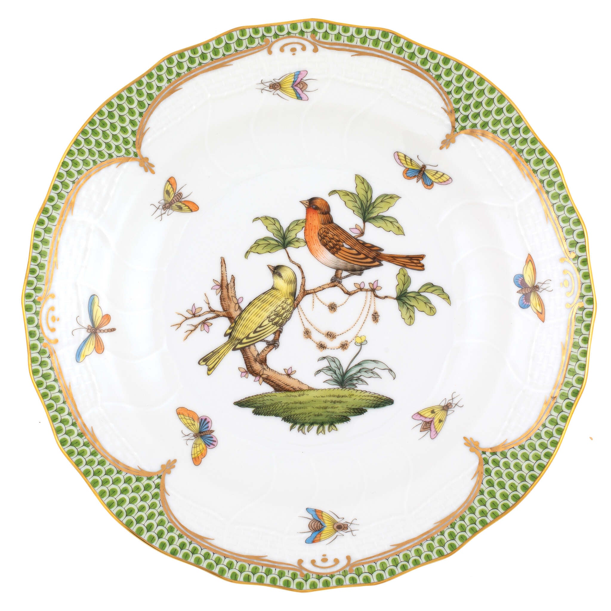 Hand-painted Herend Rothschild Bird Green Border Dessert Plate in fine porcelain, 8.25in D,, Motif 6, on a white background