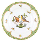 Hand-painted Herend Rothschild Bird Green Border Dessert Plate in fine porcelain, 8.25in D,, Motif 7, on a white background
