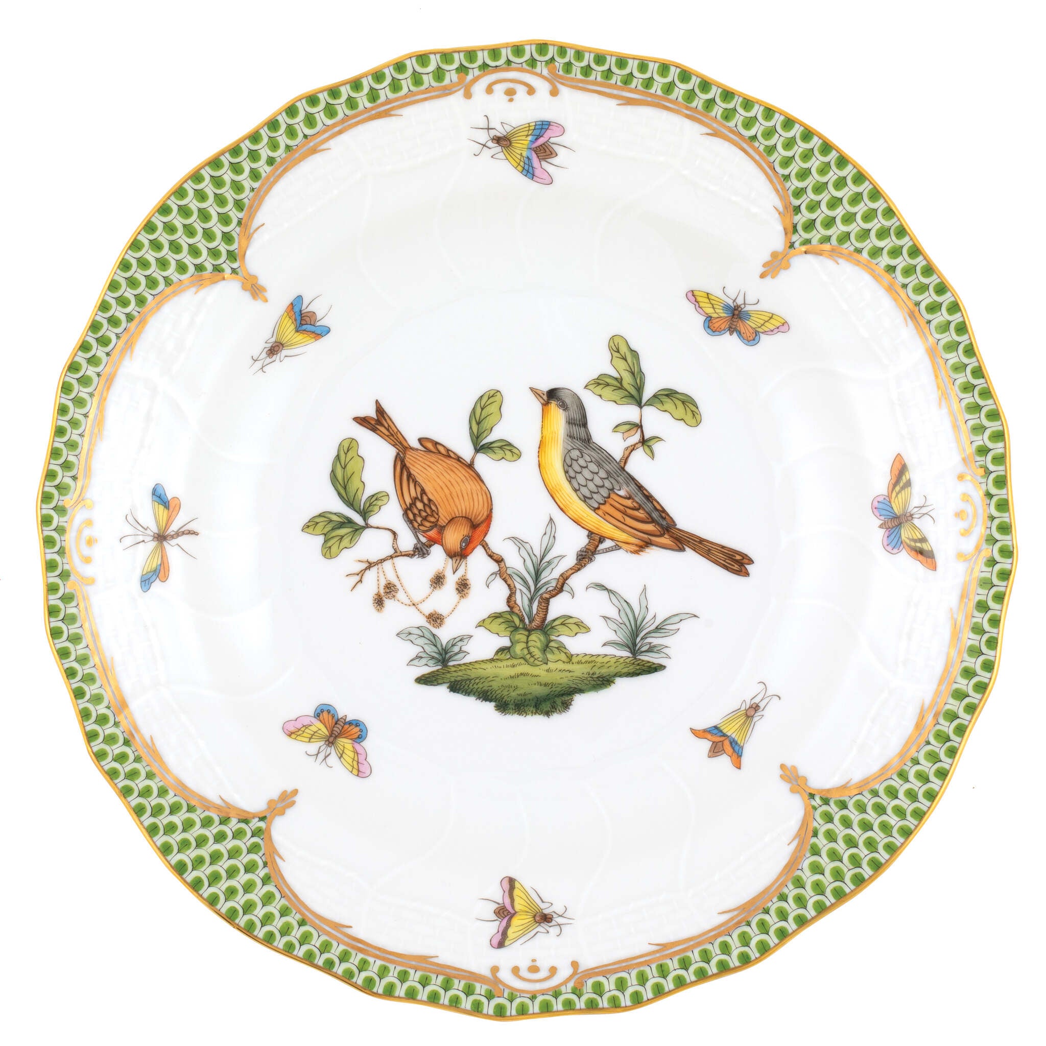 Hand-painted Herend Rothschild Bird Green Border Dessert Plate in fine porcelain, 8.25in D,, Motif 7, on a white background