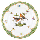 Hand-painted Herend Rothschild Bird Green Border Dessert Plate in fine porcelain, 8.25in D,, Motif 9, on a white background