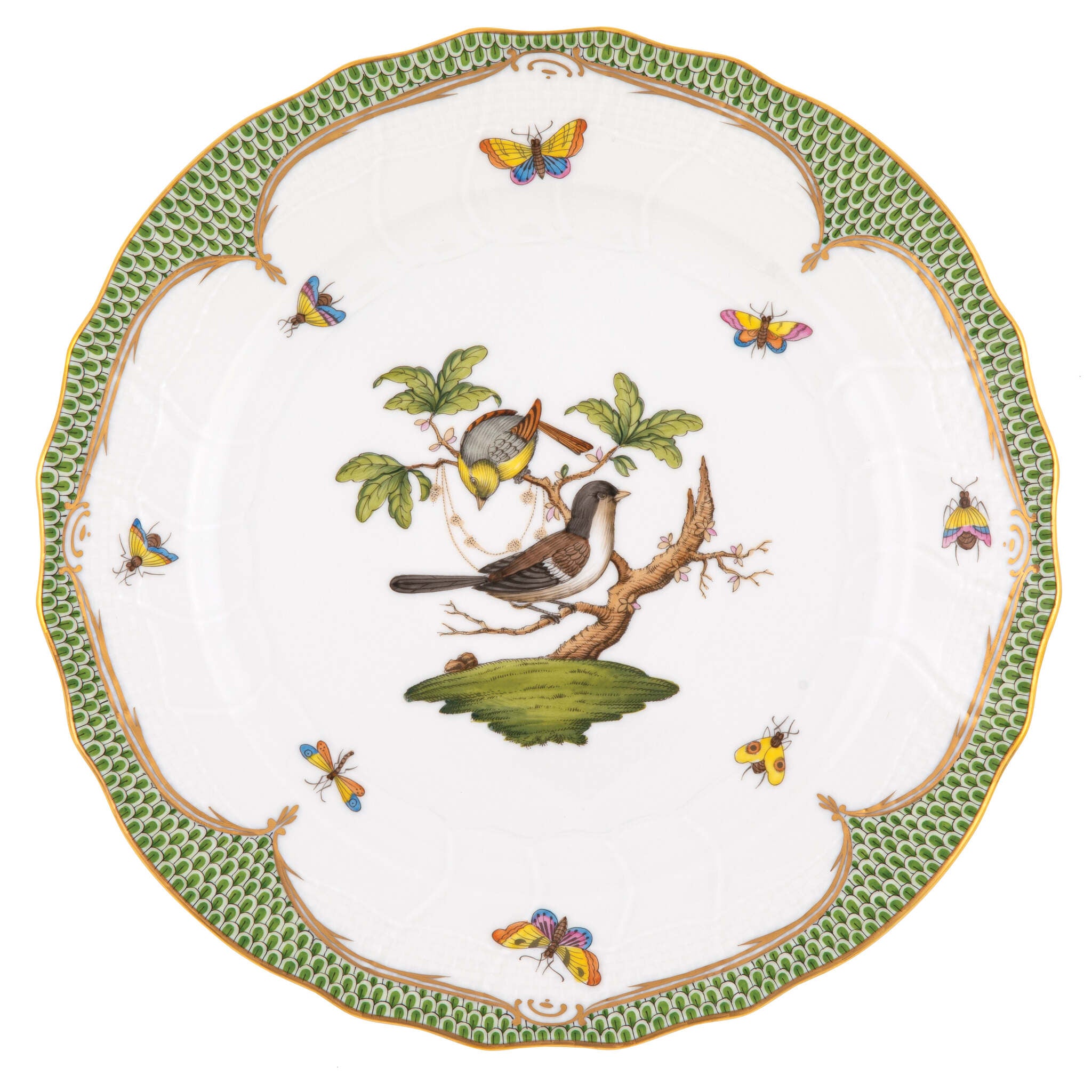Hand-painted Herend Rothschild Bird Green Border Dinner Plate in fine porcelain, 10.5in D,, Motif 1, on a white background