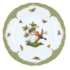 Hand-painted Herend Rothschild Bird Green Border Dinner Plate in fine porcelain, 10.5in D,, Motif 10, on a white background