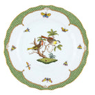 Hand-painted Herend Rothschild Bird Green Border Dinner Plate in fine porcelain, 10.5in D,, Motif 11, on a white background