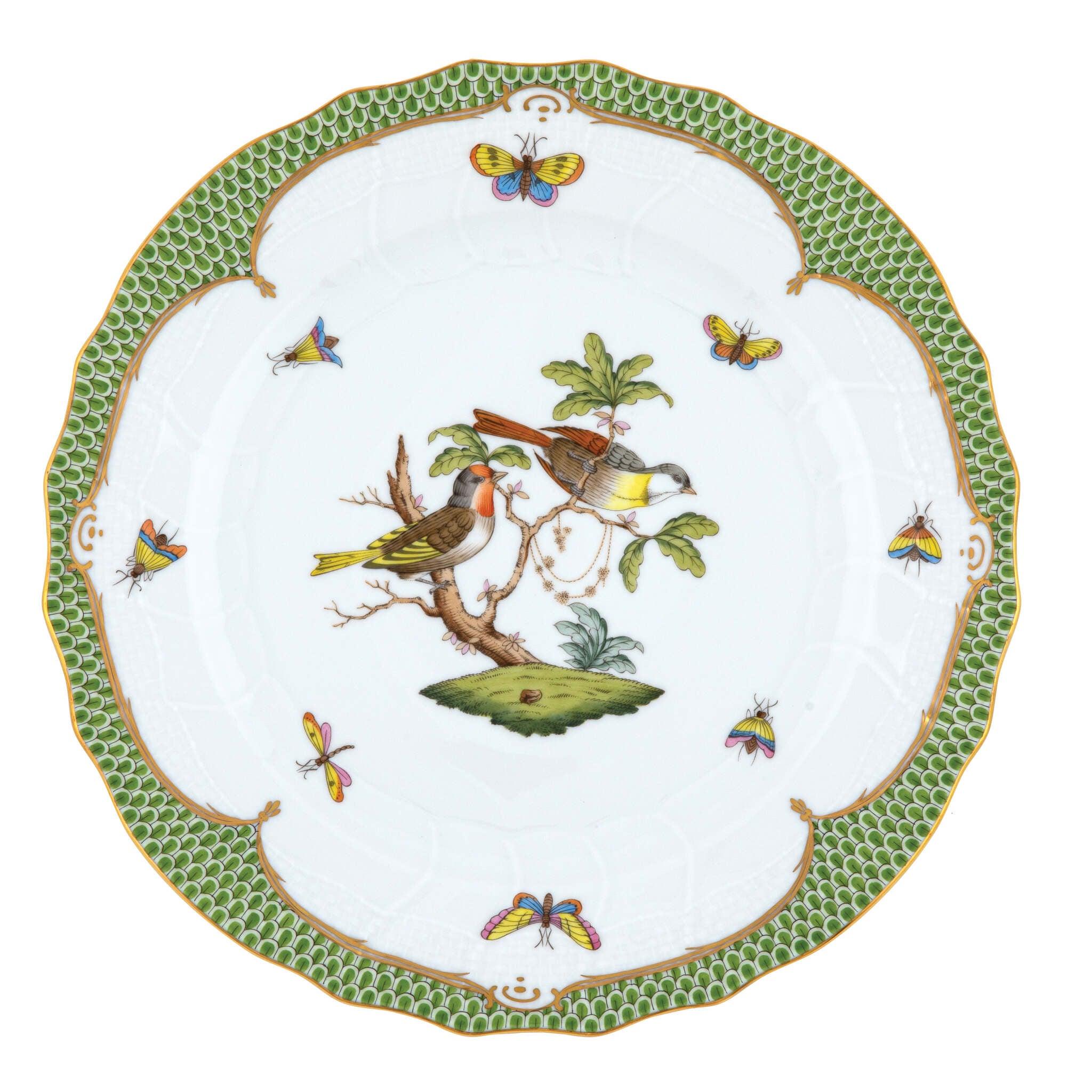 Hand-painted Herend Rothschild Bird Green Border Dinner Plate in fine porcelain, 10.5in D,, Motif 11, on a white background