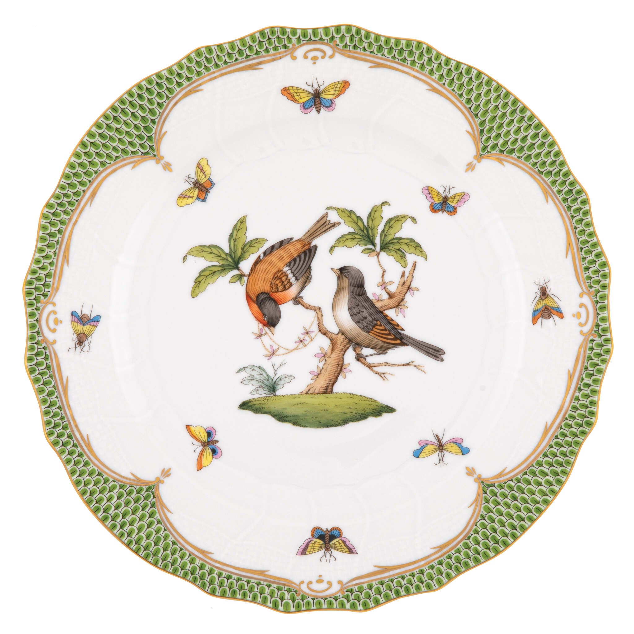 Hand-painted Herend Rothschild Bird Green Border Dinner Plate in fine porcelain, 10.5in D,, Motif 12, on a white background