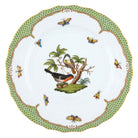 Hand-painted Herend Rothschild Bird Green Border Dinner Plate in fine porcelain, 10.5in D,, Motif 2, on a white background