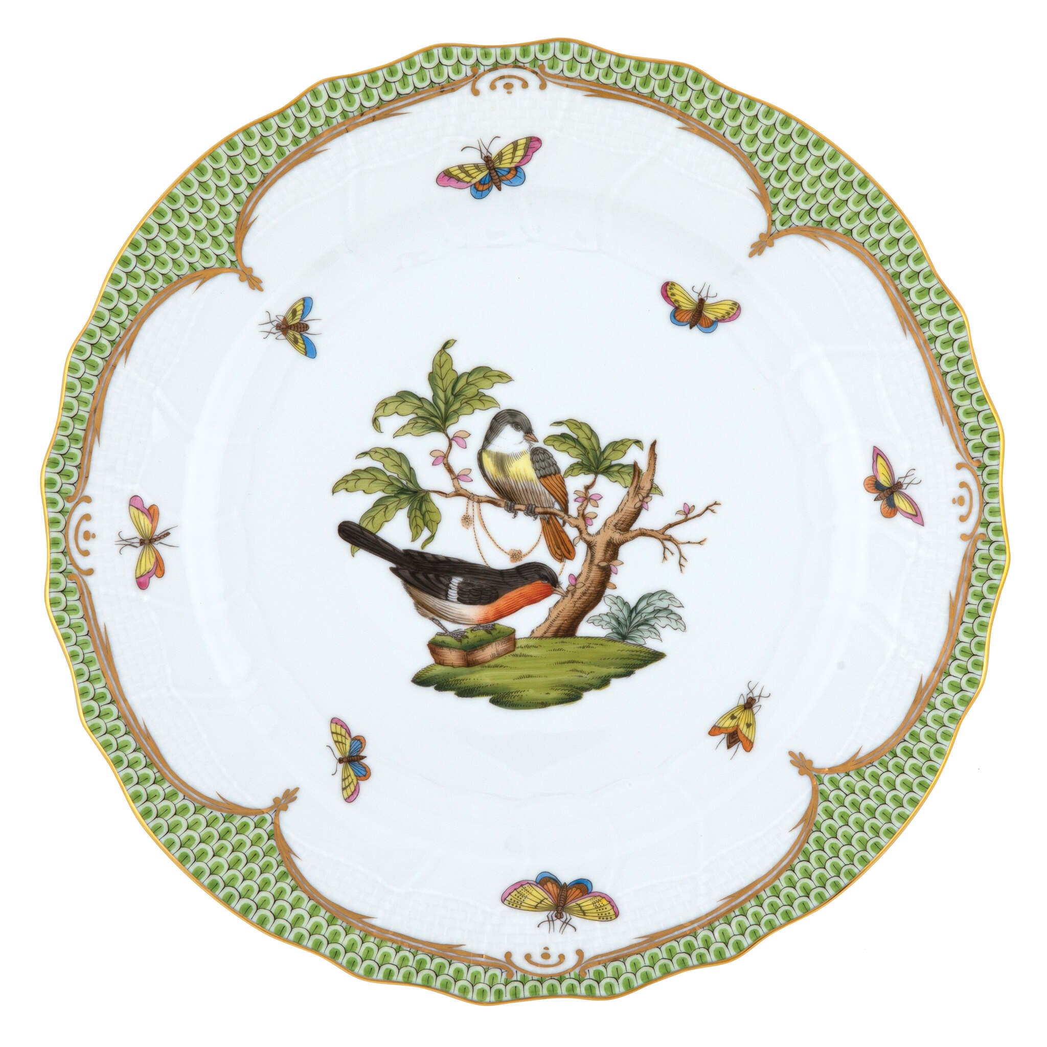 Hand-painted Herend Rothschild Bird Green Border Dinner Plate in fine porcelain, 10.5in D,, Motif 2, on a white background