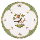 Hand-painted Herend Rothschild Bird Green Border Dinner Plate in fine porcelain, 10.5in D,, Motif 4, on a white background