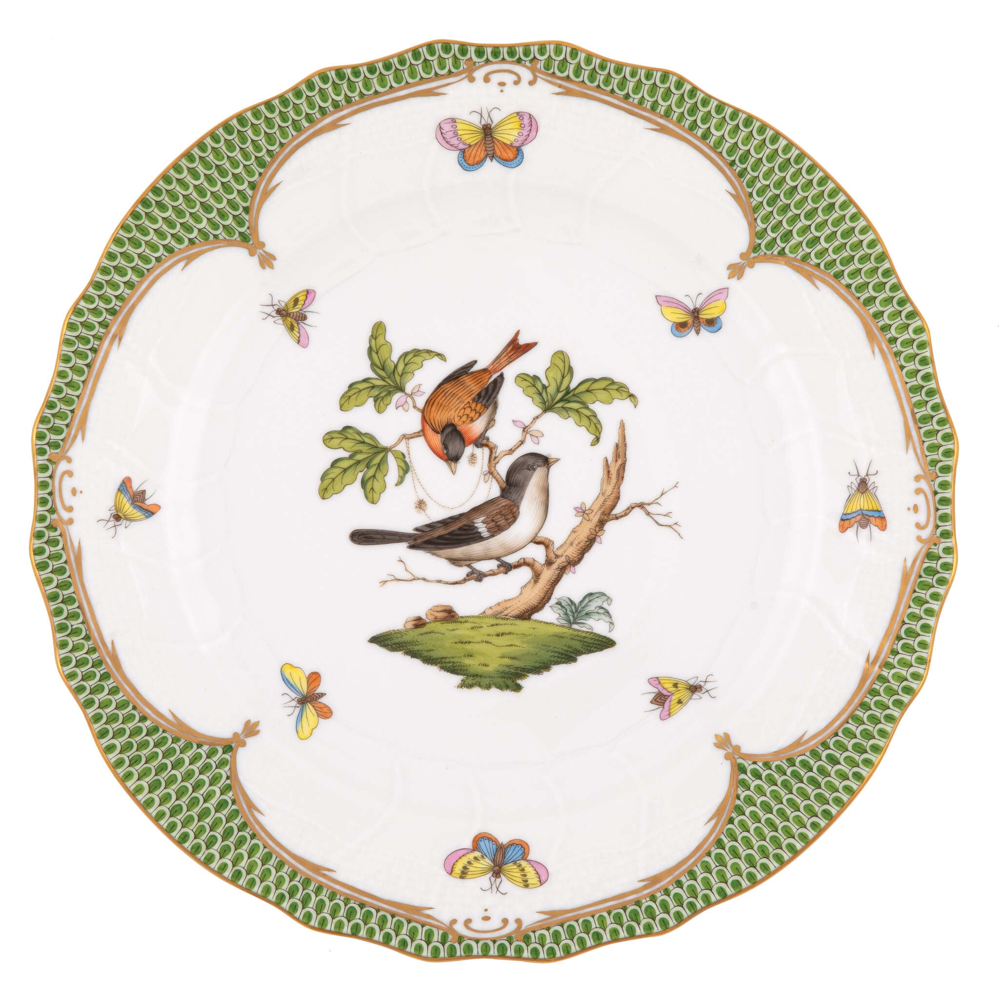 Hand-painted Herend Rothschild Bird Green Border Dinner Plate in fine porcelain, 10.5in D,, Motif 4, on a white background
