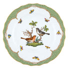 Hand-painted Herend Rothschild Bird Green Border Dinner Plate in fine porcelain, 10.5in D,, Motif 5, on a white background