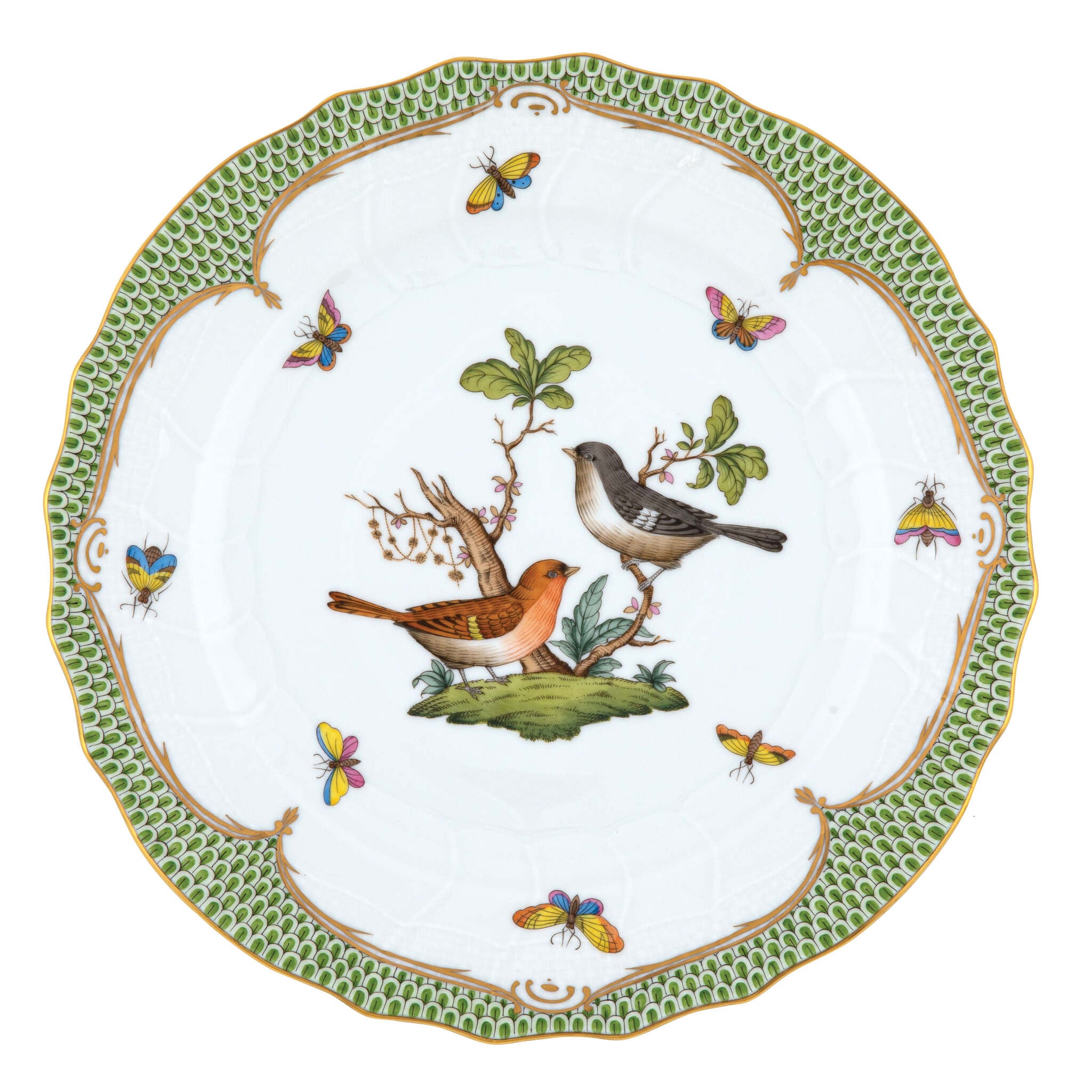 Hand-painted Herend Rothschild Bird Green Border Dinner Plate in fine porcelain, 10.5in D,, Motif 5, on a white background