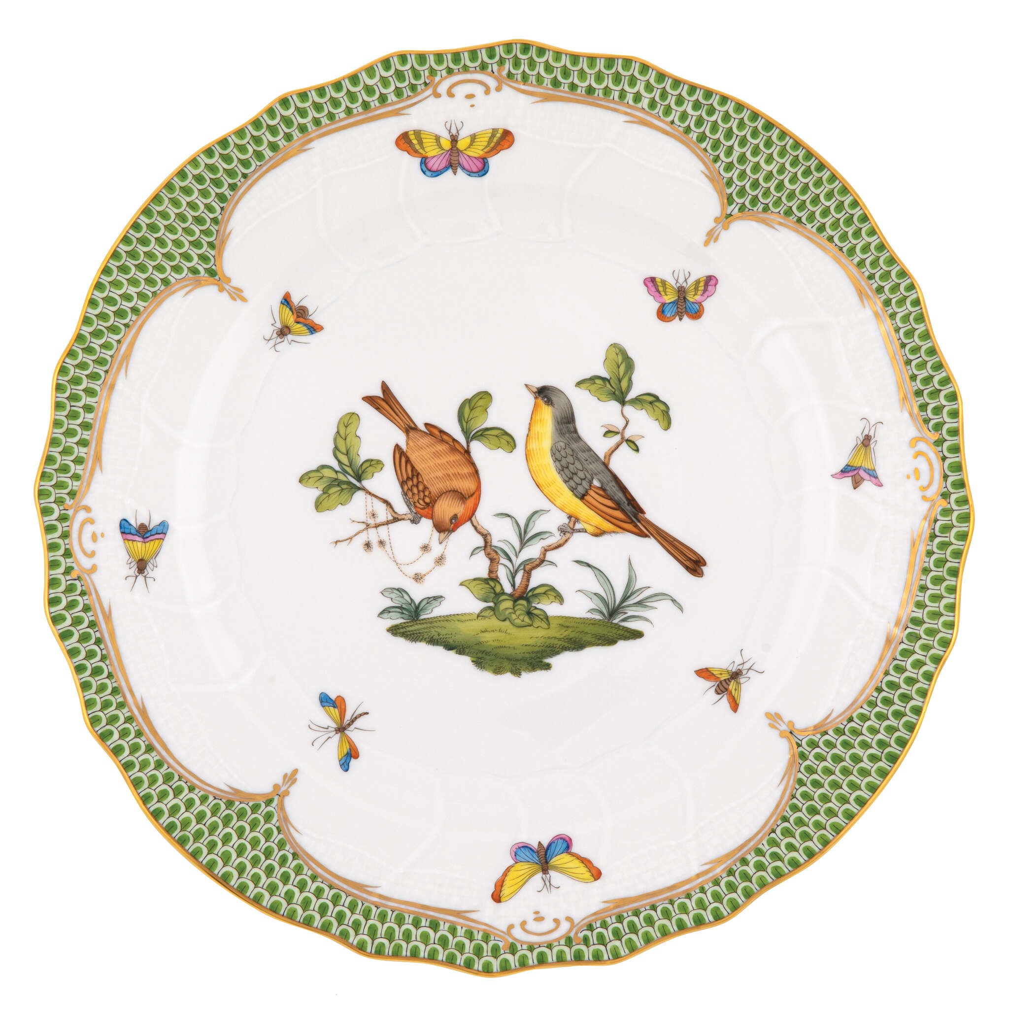 Hand-painted Herend Rothschild Bird Green Border Dinner Plate in fine porcelain, 10.5in D,, Motif 7, on a white background