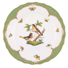 Hand-painted Herend Rothschild Bird Green Border Dinner Plate in fine porcelain, 10.5in D,, Motif 8, on a white background