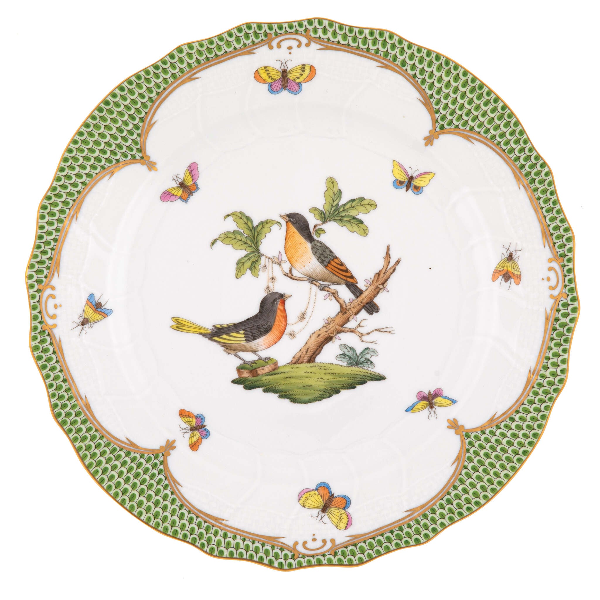 Hand-painted Herend Rothschild Bird Green Border Dinner Plate in fine porcelain, 10.5in D,, Motif 8, on a white background
