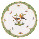 Hand-painted Herend Rothschild Bird Green Border Dinner Plate in fine porcelain, 10.5in D,, Motif 9, on a white background