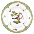 Hand-painted Herend Rothschild Bird Green Border Rim Soup Soup Plates & Rimmed Soup Bowl in fine porcelain, 9.5in D,, Motif 1, on a white background