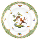 Hand-painted Herend Rothschild Bird Green Border Rim Soup Soup Plates & Rimmed Soup Bowl in fine porcelain, 9.5in D,, Motif 10, on a white background
