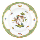 Hand-painted Herend Rothschild Bird Green Border Rim Soup Soup Plates & Rimmed Soup Bowl in fine porcelain, 9.5in D,, Motif 11, on a white background