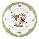 Hand-painted Herend Rothschild Bird Green Border Rim Soup Soup Plates & Rimmed Soup Bowl in fine porcelain, 9.5in D,, Motif 12, on a white background