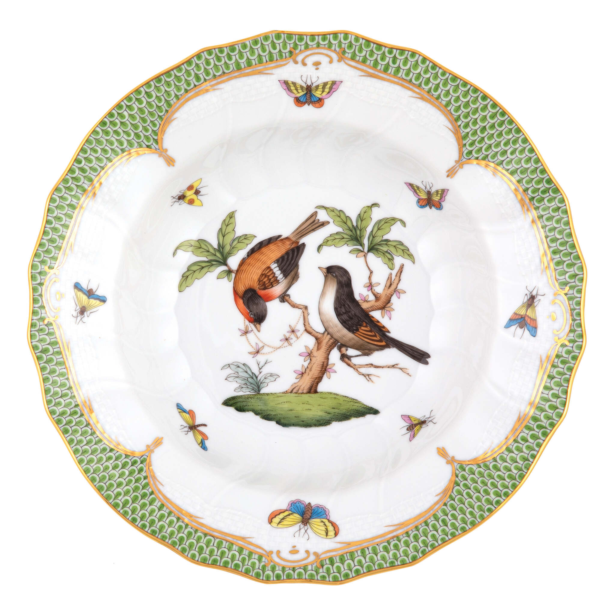 Hand-painted Herend Rothschild Bird Green Border Rim Soup Soup Plates & Rimmed Soup Bowl in fine porcelain, 9.5in D,, Motif 12, on a white background
