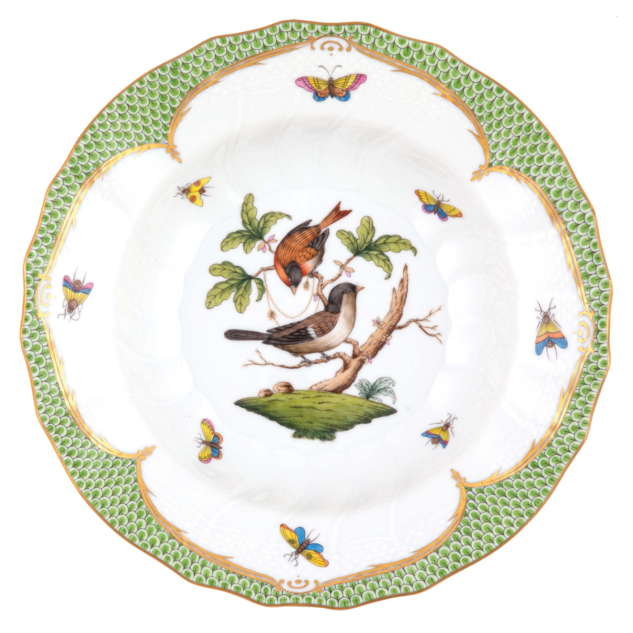 Hand-painted Herend Rothschild Bird Green Border Rim Soup Soup Plates & Rimmed Soup Bowl in fine porcelain, 9.5in D,, Motif 4, on a white background
